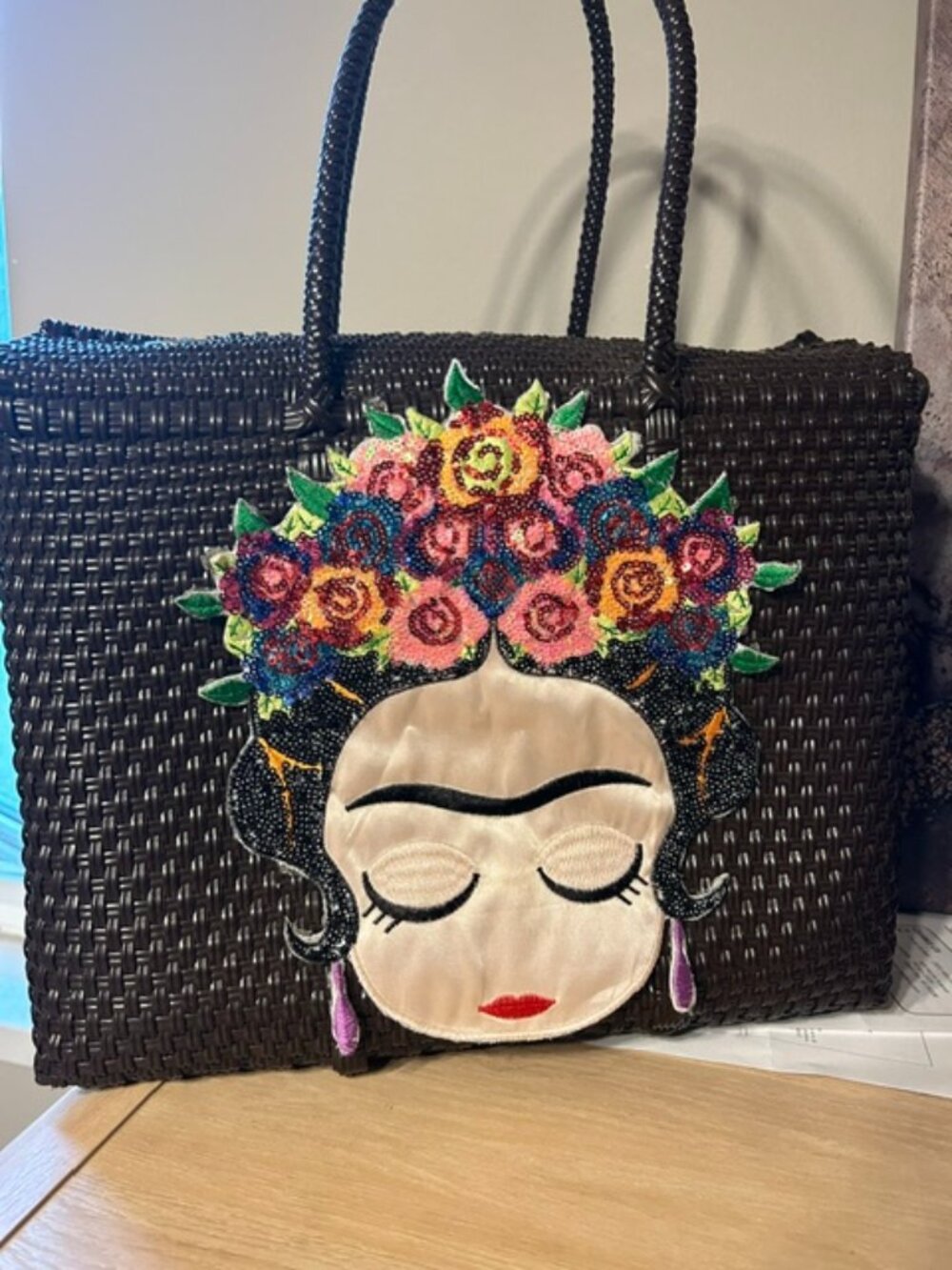 Basket Weave Tote with Lady Face/Sequin Floral Headress